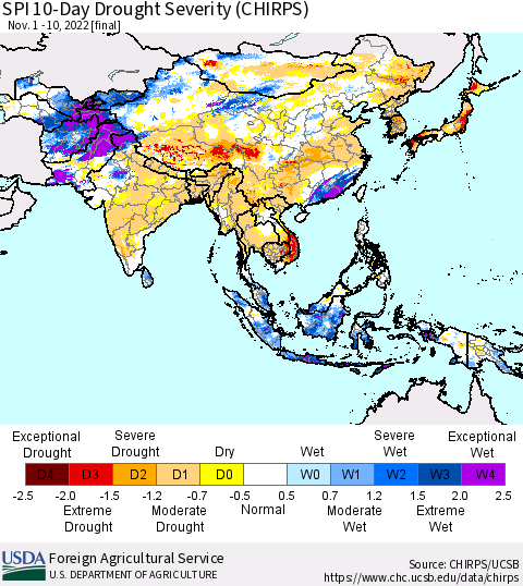 Asia SPI 10-Day Drought Severity (CHIRPS) Thematic Map For 11/1/2022 - 11/10/2022