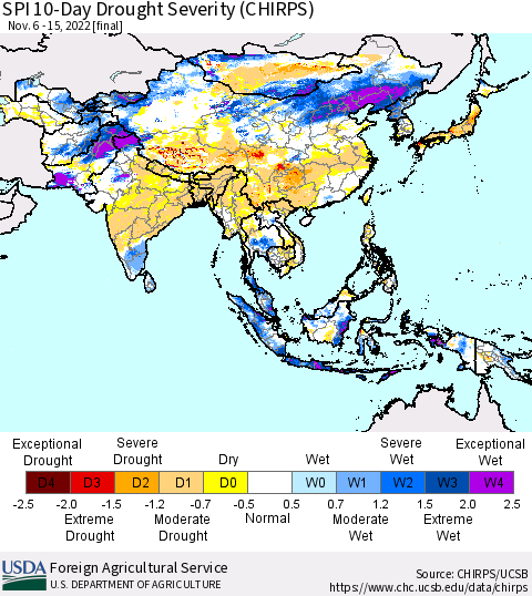 Asia SPI 10-Day Drought Severity (CHIRPS) Thematic Map For 11/6/2022 - 11/15/2022