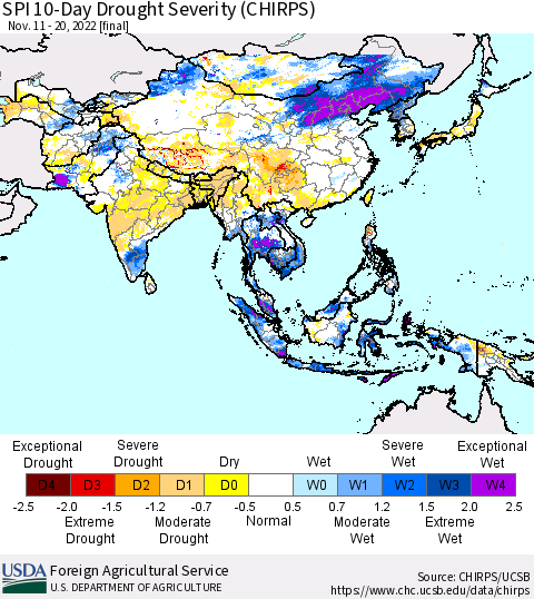 Asia SPI 10-Day Drought Severity (CHIRPS) Thematic Map For 11/11/2022 - 11/20/2022