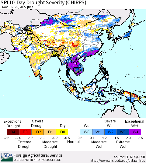 Asia SPI 10-Day Drought Severity (CHIRPS) Thematic Map For 11/16/2022 - 11/25/2022