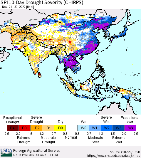 Asia SPI 10-Day Drought Severity (CHIRPS) Thematic Map For 11/21/2022 - 11/30/2022