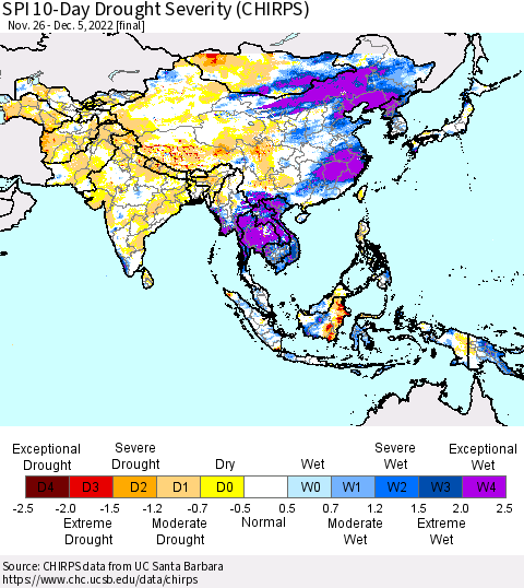 Asia SPI 10-Day Drought Severity (CHIRPS) Thematic Map For 11/26/2022 - 12/5/2022