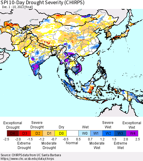 Asia SPI 10-Day Drought Severity (CHIRPS) Thematic Map For 12/1/2022 - 12/10/2022