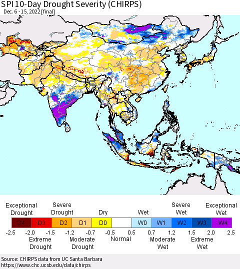 Asia SPI 10-Day Drought Severity (CHIRPS) Thematic Map For 12/6/2022 - 12/15/2022