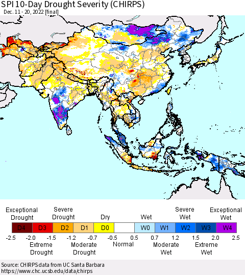 Asia SPI 10-Day Drought Severity (CHIRPS) Thematic Map For 12/11/2022 - 12/20/2022