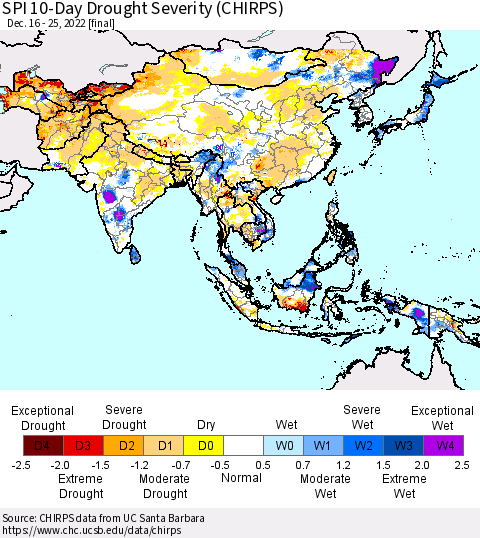 Asia SPI 10-Day Drought Severity (CHIRPS) Thematic Map For 12/16/2022 - 12/25/2022