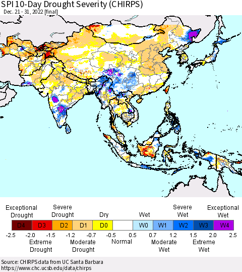 Asia SPI 10-Day Drought Severity (CHIRPS) Thematic Map For 12/21/2022 - 12/31/2022