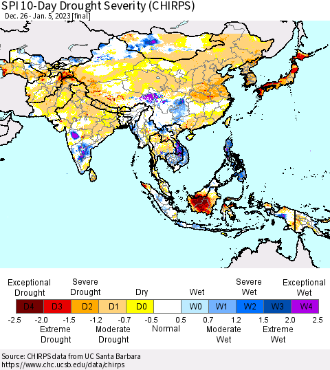 Asia SPI 10-Day Drought Severity (CHIRPS) Thematic Map For 12/26/2022 - 1/5/2023