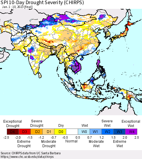 Asia SPI 10-Day Drought Severity (CHIRPS) Thematic Map For 1/1/2023 - 1/10/2023