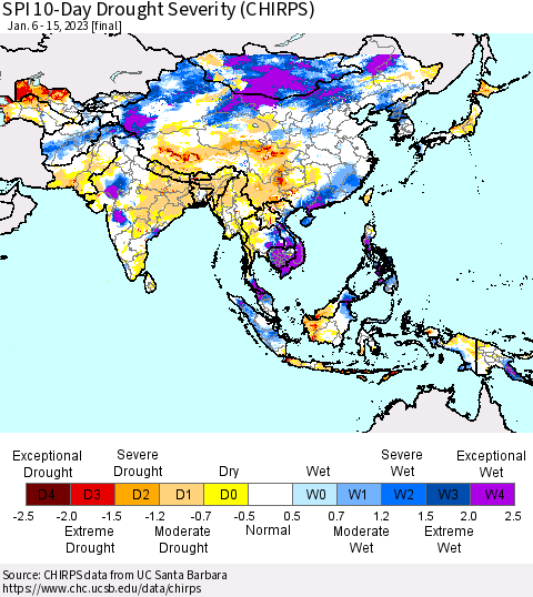 Asia SPI 10-Day Drought Severity (CHIRPS) Thematic Map For 1/6/2023 - 1/15/2023