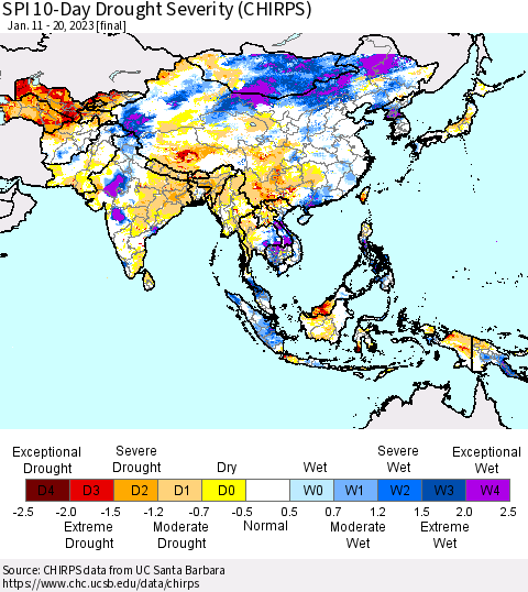 Asia SPI 10-Day Drought Severity (CHIRPS) Thematic Map For 1/11/2023 - 1/20/2023