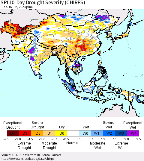 Asia SPI 10-Day Drought Severity (CHIRPS) Thematic Map For 1/16/2023 - 1/25/2023