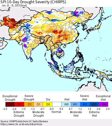 Asia SPI 10-Day Drought Severity (CHIRPS) Thematic Map For 1/21/2023 - 1/31/2023