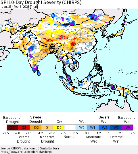 Asia SPI 10-Day Drought Severity (CHIRPS) Thematic Map For 1/26/2023 - 2/5/2023