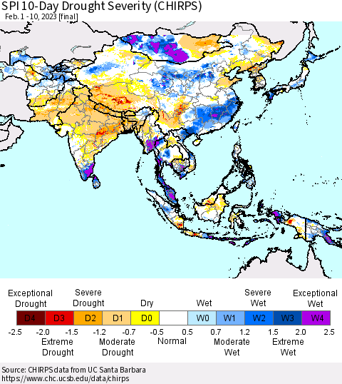 Asia SPI 10-Day Drought Severity (CHIRPS) Thematic Map For 2/1/2023 - 2/10/2023