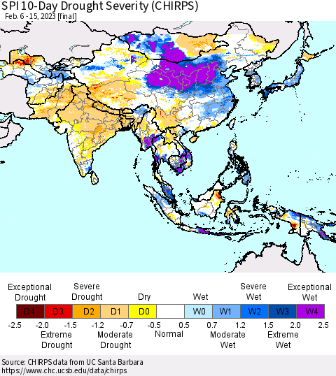 Asia SPI 10-Day Drought Severity (CHIRPS) Thematic Map For 2/6/2023 - 2/15/2023
