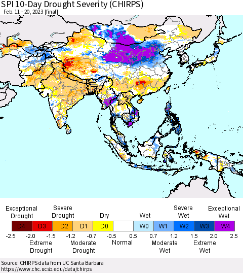 Asia SPI 10-Day Drought Severity (CHIRPS) Thematic Map For 2/11/2023 - 2/20/2023