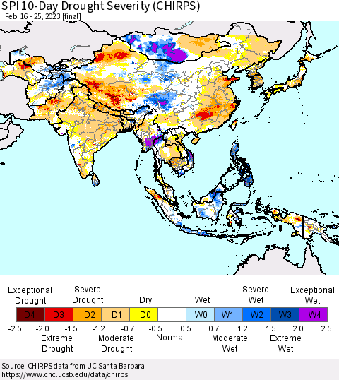 Asia SPI 10-Day Drought Severity (CHIRPS) Thematic Map For 2/16/2023 - 2/25/2023