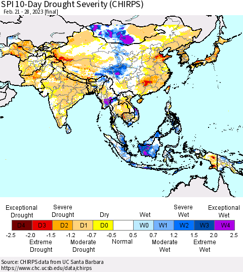 Asia SPI 10-Day Drought Severity (CHIRPS) Thematic Map For 2/21/2023 - 2/28/2023