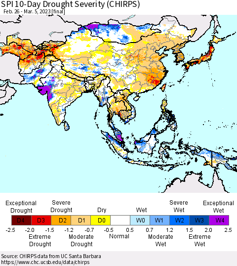 Asia SPI 10-Day Drought Severity (CHIRPS) Thematic Map For 2/26/2023 - 3/5/2023