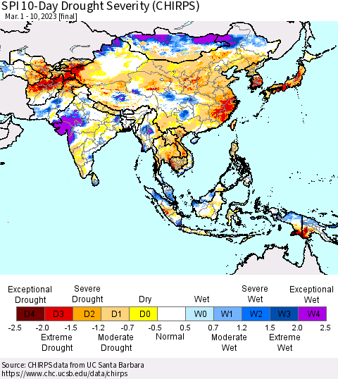 Asia SPI 10-Day Drought Severity (CHIRPS) Thematic Map For 3/1/2023 - 3/10/2023