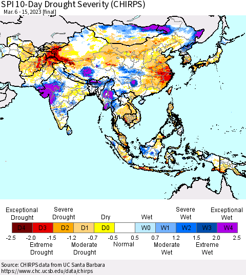 Asia SPI 10-Day Drought Severity (CHIRPS) Thematic Map For 3/6/2023 - 3/15/2023