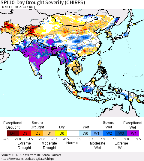 Asia SPI 10-Day Drought Severity (CHIRPS) Thematic Map For 3/11/2023 - 3/20/2023