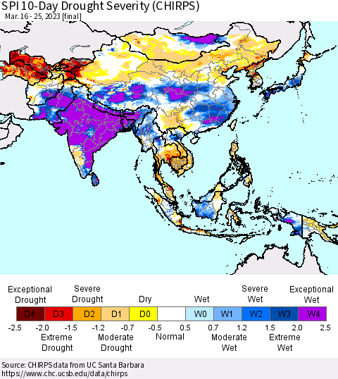 Asia SPI 10-Day Drought Severity (CHIRPS) Thematic Map For 3/16/2023 - 3/25/2023