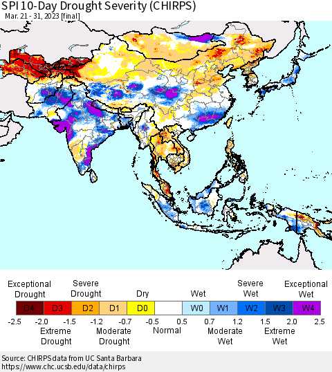 Asia SPI 10-Day Drought Severity (CHIRPS) Thematic Map For 3/21/2023 - 3/31/2023