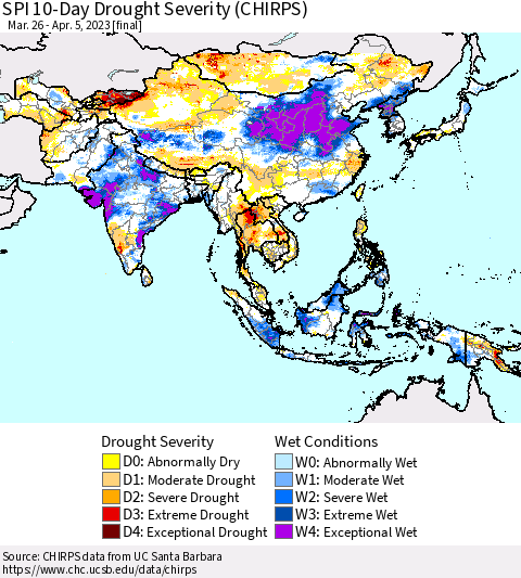 Asia SPI 10-Day Drought Severity (CHIRPS) Thematic Map For 3/26/2023 - 4/5/2023