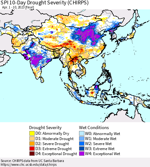 Asia SPI 10-Day Drought Severity (CHIRPS) Thematic Map For 4/1/2023 - 4/10/2023