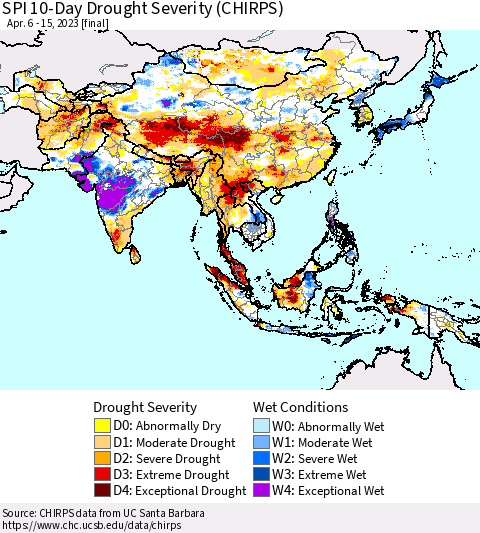 Asia SPI 10-Day Drought Severity (CHIRPS) Thematic Map For 4/6/2023 - 4/15/2023