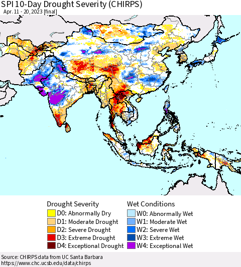 Asia SPI 10-Day Drought Severity (CHIRPS) Thematic Map For 4/11/2023 - 4/20/2023