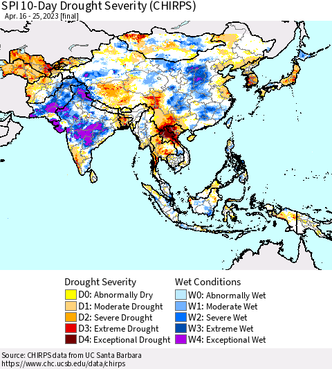 Asia SPI 10-Day Drought Severity (CHIRPS) Thematic Map For 4/16/2023 - 4/25/2023