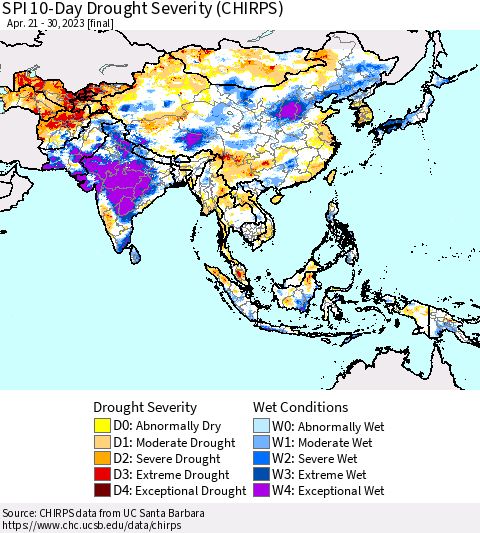 Asia SPI 10-Day Drought Severity (CHIRPS) Thematic Map For 4/21/2023 - 4/30/2023
