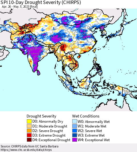 Asia SPI 10-Day Drought Severity (CHIRPS) Thematic Map For 4/26/2023 - 5/5/2023