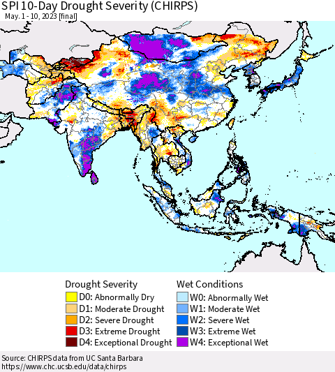 Asia SPI 10-Day Drought Severity (CHIRPS) Thematic Map For 5/1/2023 - 5/10/2023