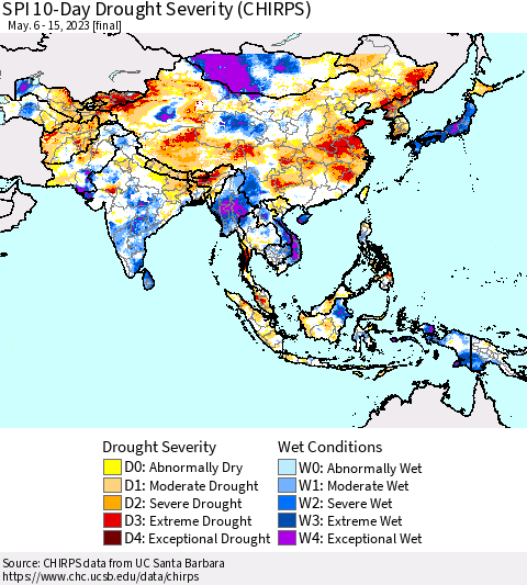 Asia SPI 10-Day Drought Severity (CHIRPS) Thematic Map For 5/6/2023 - 5/15/2023
