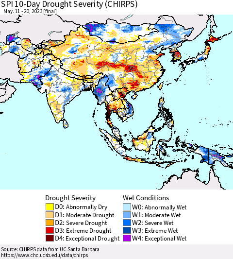 Asia SPI 10-Day Drought Severity (CHIRPS) Thematic Map For 5/11/2023 - 5/20/2023
