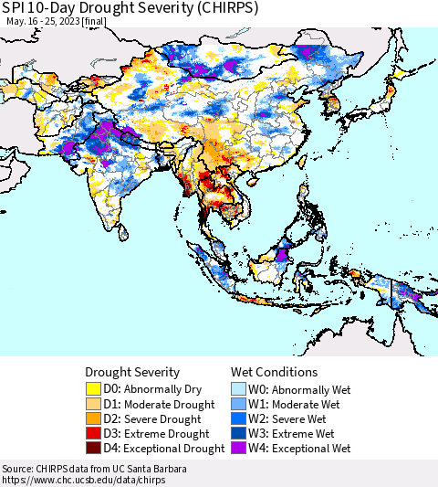 Asia SPI 10-Day Drought Severity (CHIRPS) Thematic Map For 5/16/2023 - 5/25/2023