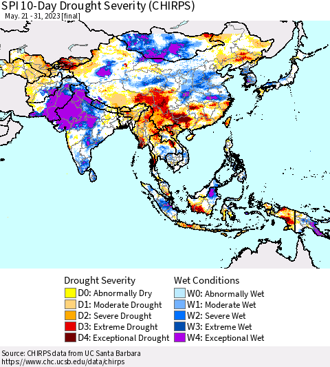 Asia SPI 10-Day Drought Severity (CHIRPS) Thematic Map For 5/21/2023 - 5/31/2023