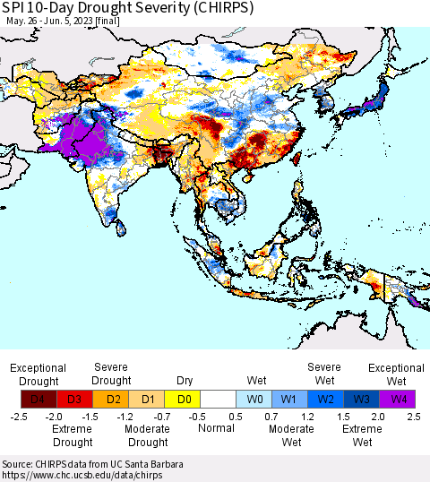 Asia SPI 10-Day Drought Severity (CHIRPS) Thematic Map For 5/26/2023 - 6/5/2023