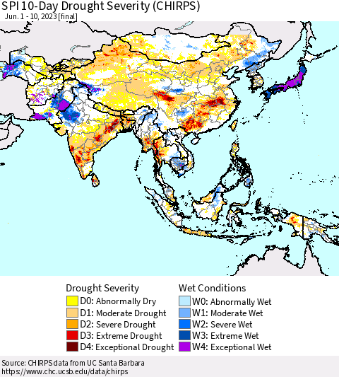 Asia SPI 10-Day Drought Severity (CHIRPS) Thematic Map For 6/1/2023 - 6/10/2023