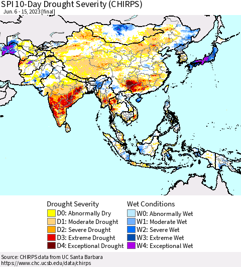Asia SPI 10-Day Drought Severity (CHIRPS) Thematic Map For 6/6/2023 - 6/15/2023