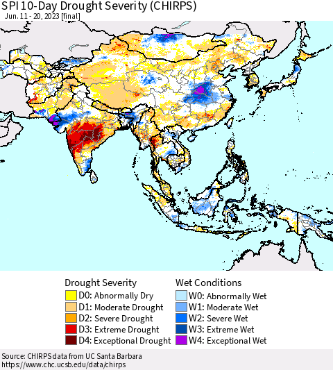 Asia SPI 10-Day Drought Severity (CHIRPS) Thematic Map For 6/11/2023 - 6/20/2023
