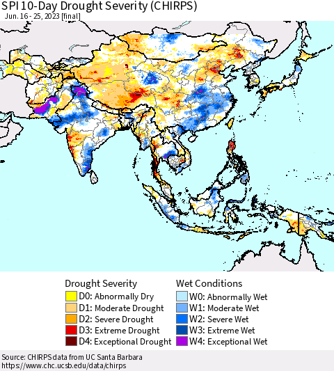 Asia SPI 10-Day Drought Severity (CHIRPS) Thematic Map For 6/16/2023 - 6/25/2023