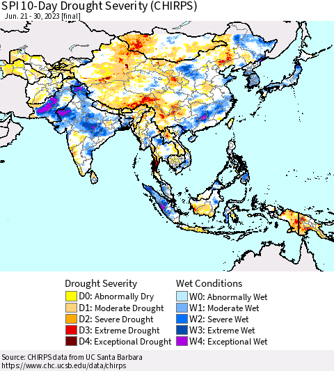 Asia SPI 10-Day Drought Severity (CHIRPS) Thematic Map For 6/21/2023 - 6/30/2023