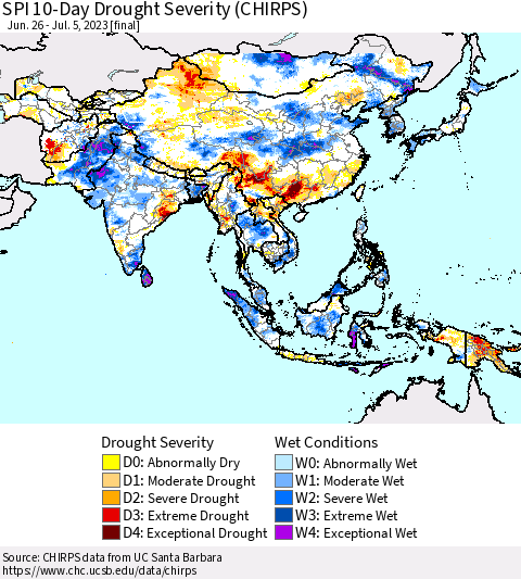 Asia SPI 10-Day Drought Severity (CHIRPS) Thematic Map For 6/26/2023 - 7/5/2023