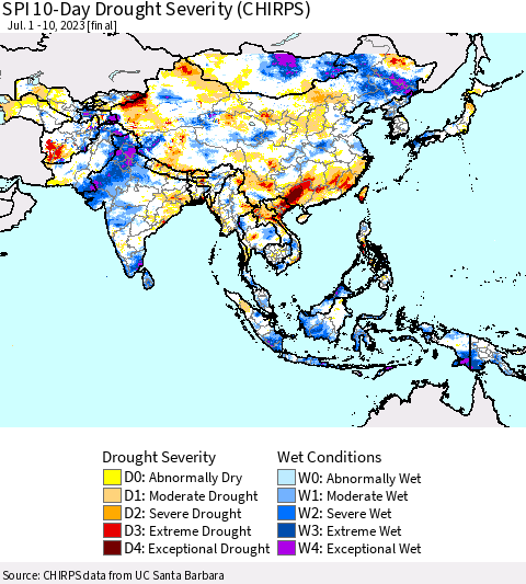 Asia SPI 10-Day Drought Severity (CHIRPS) Thematic Map For 7/1/2023 - 7/10/2023