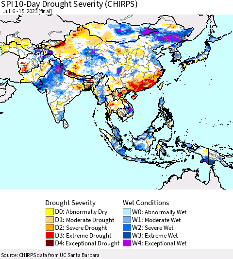 Asia SPI 10-Day Drought Severity (CHIRPS) Thematic Map For 7/6/2023 - 7/15/2023
